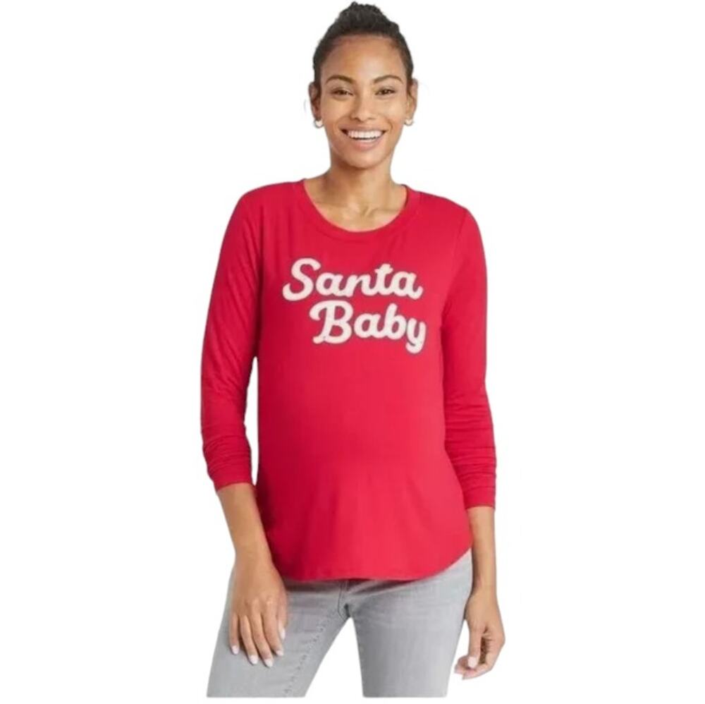 NWT Ingrid & Isabel Maternity Santa Baby Christmas Long Sleeve Top Size XS